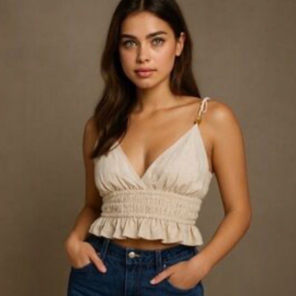 Sim & Sam Linen Blend Poplin Smocked Waist Tank Top Natural Size M NWT